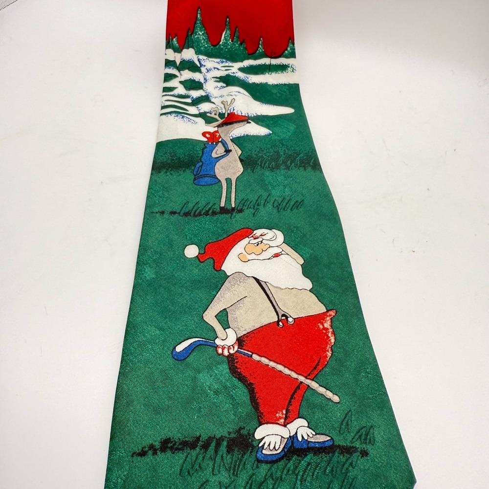 Yule Tie Greetings Golfing Santa Reindeer Christmas Novelty‎ Holiday Necktie